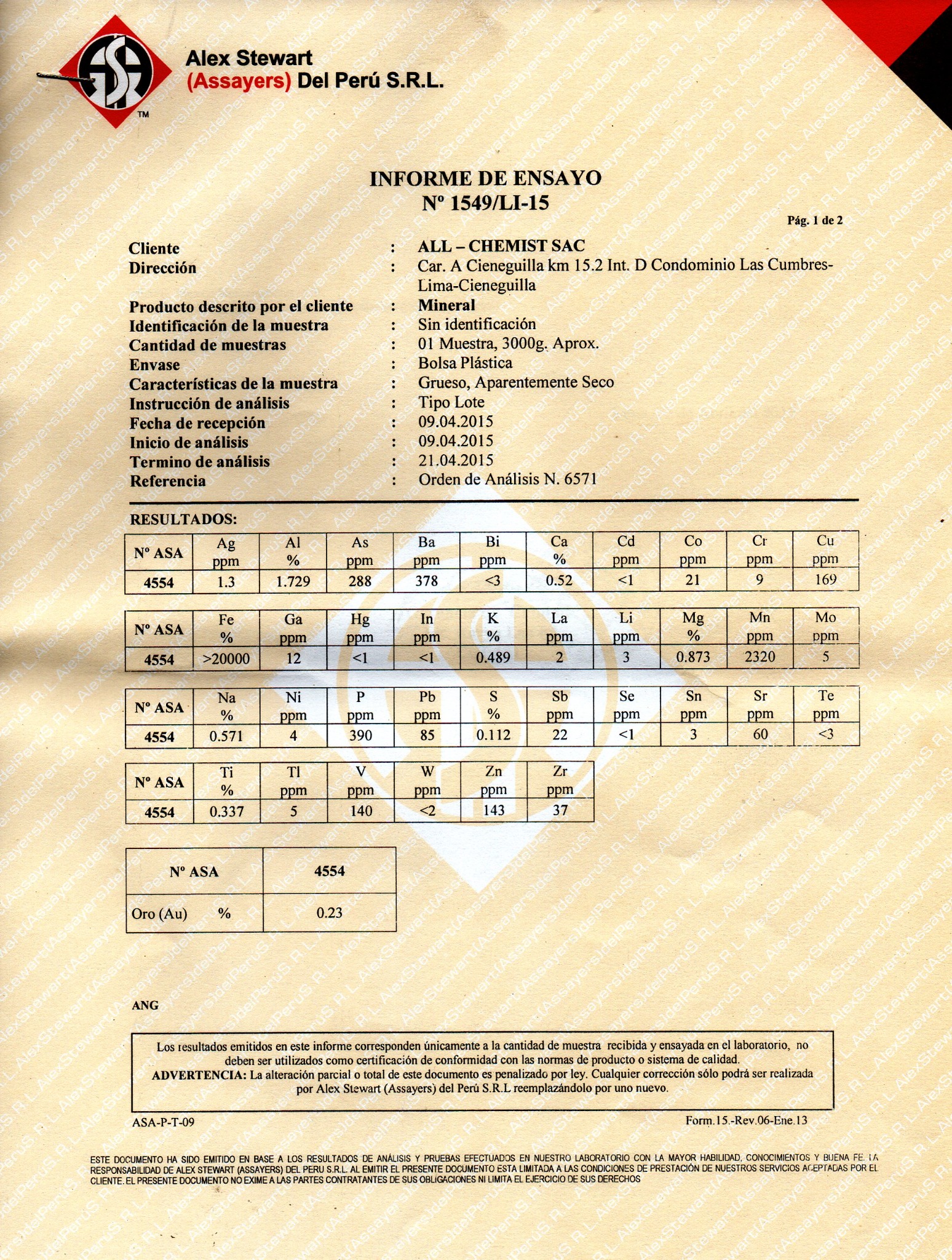 Alex Stewart assay report No. 1549/LI-15 for All-Chemist S.A.C.